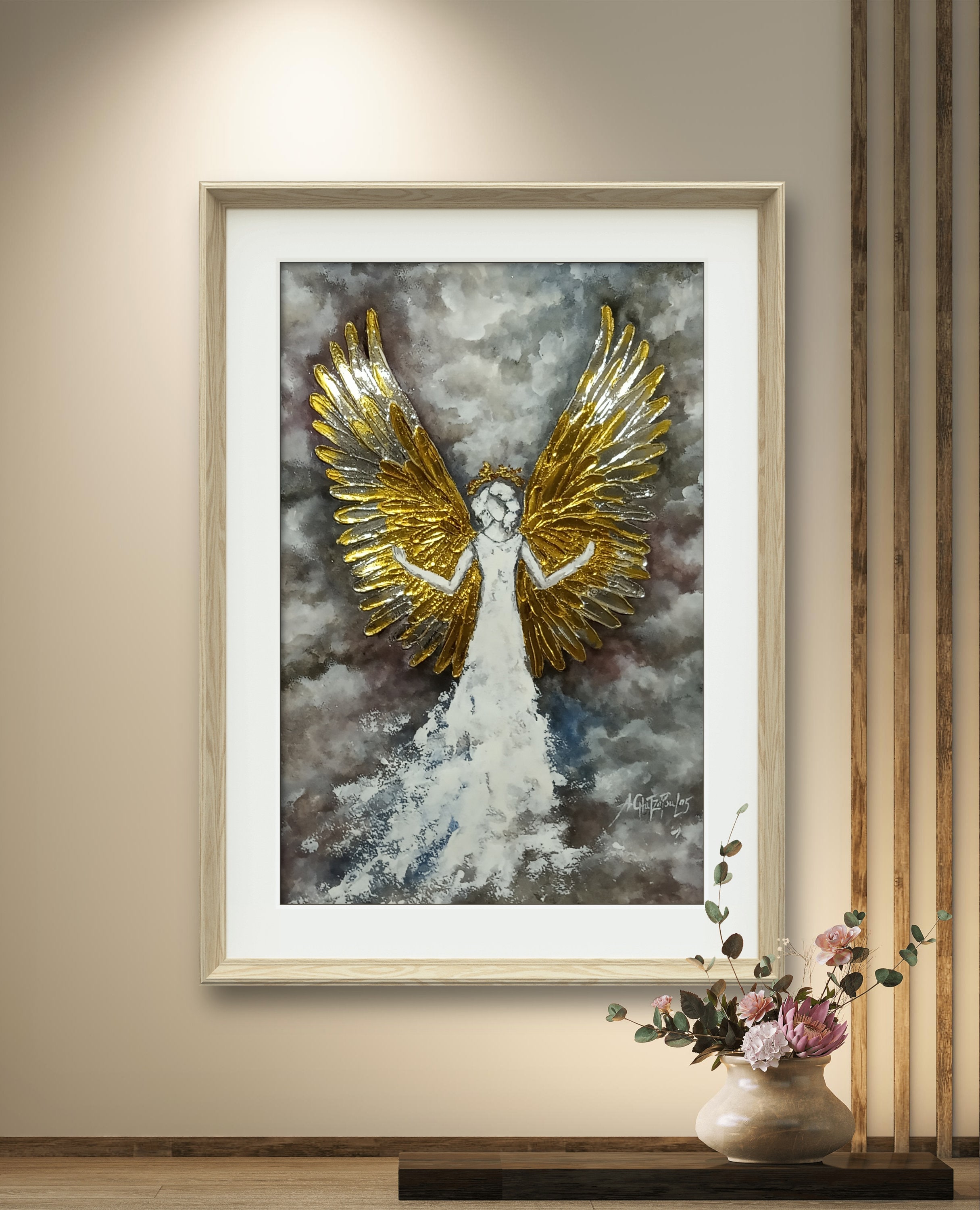 抽象的な天使の絵画、水彩画の白い天使のアート、金銀の天使の羽
