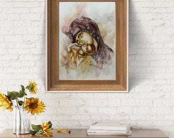 The Holy Tenderness, Original Loose Impressionistic Watercolor art on paper,Mother Mary an Jesus, Christian gift, One of a kind Wall art