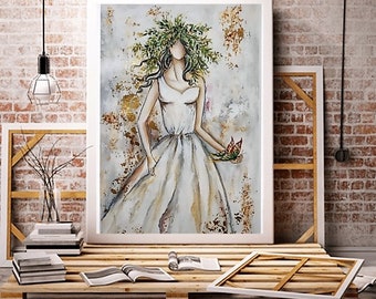 Abstract figure painting,Original Acrylic Art,Lady with Olive Wreath,Gold-Silver foil on Canvas or Paper