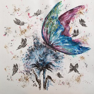 Farfalla viola blu su cardo Acrilico originale Pittura ad acquerello Arte della carta opaca Arte minimale Pittura bianco e arcobaleno nero