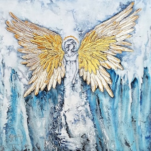 Abstract Angel painting, Gold Silver Leaf Angel Wings Painting, Heavy Textured Art, Guardian Angel art