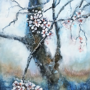 Flowering Tree art, White flower blossoms Original Watercolor Acrylic painting, Abstract Tree flower art, One of a Kind Floral Art, Wall art