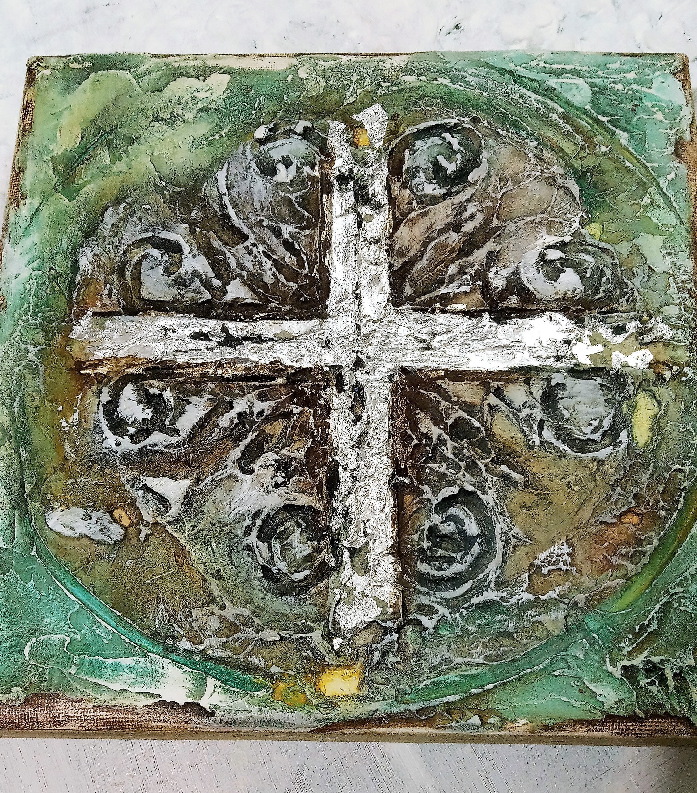 Christian Wall Art, Silver Patina Rusty Green Thick Texture Cross Art ...