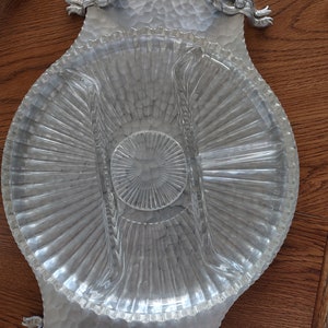 Vintage Hammered Aluminum Hand Wrought Rodney Kent Silver Co.  Tray/ Floral Handles/Ribbon Feet #445 with Glass Dish