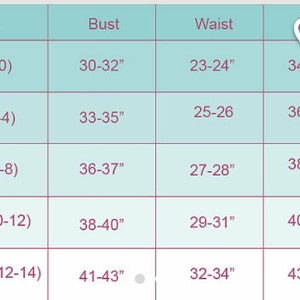 May include: A size chart with measurements for bust, waist, and hips in inches. The chart includes sizes XS (0) through XL (12-14).