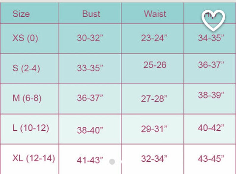 May include: A size chart with measurements for bust, waist, and hips in inches. The chart includes sizes XS (0) through XL (12-14).