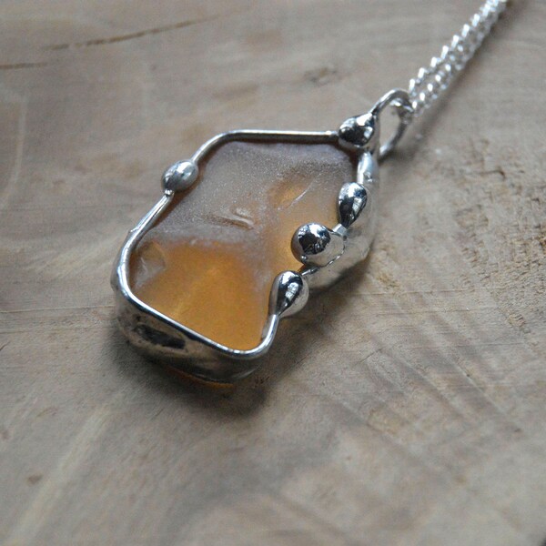 Yellow honey  sea glass pendant necklace frosted brown honey glass stained glass pendant gothic wichy retro charms  jewelry rustic necklace