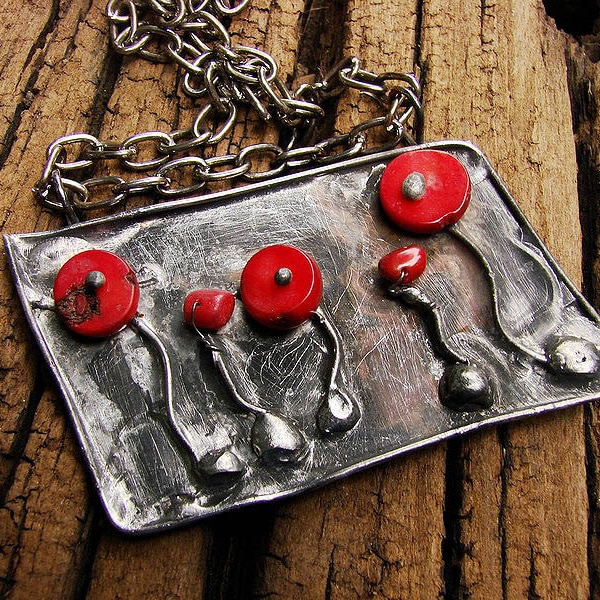 Coral pendant ,Red poppies , flowers metalwork  red coral , coral necklace ,  stained glass technique , flowers pendant ,on chain boho charm