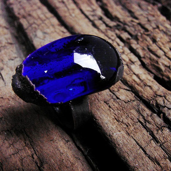 Electroformed glass blue garnet glass cabouchon  health  electroforming ring rustic retro copper talisman boho retro charm  adjustable ring