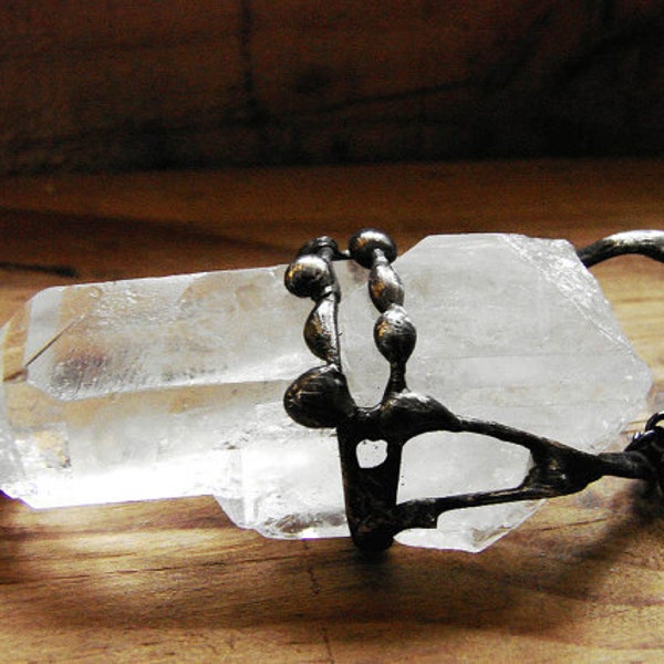 RAW Quartz Unique Pendant Huge clearest brazilian ice crystal tiffany stained glass Oxidized old silver GepArtJewellery.FREE SHIPPING!