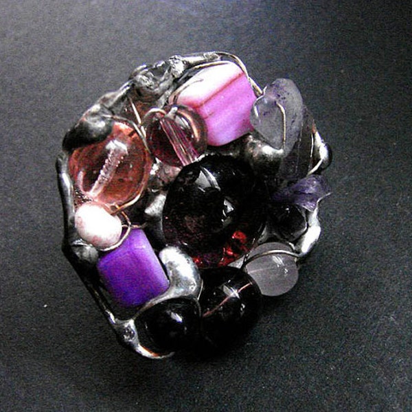 Bague améthyste violette, quartz améthyste, breloques rétro gothiques en verre violet, perles violettes, bague multipierre améthyste naturelle rustique