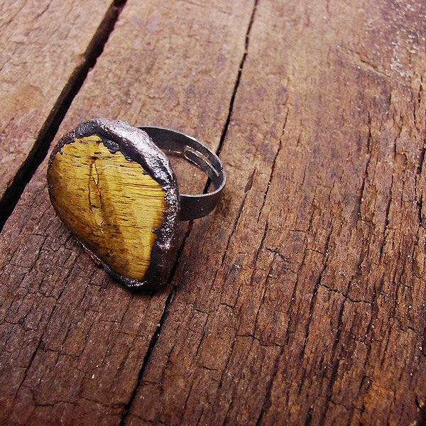 TIGER EYE electroformed semiprecious stone copper adjustable ring polished retro charms oxidized old silver by GepArtJewellery.FREE shipping