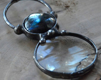 Fluorescent Labradorite Magnifier Glass pendant labradorite loupe magnifying necklace magnifier necklace labradorite  magnifier necklace