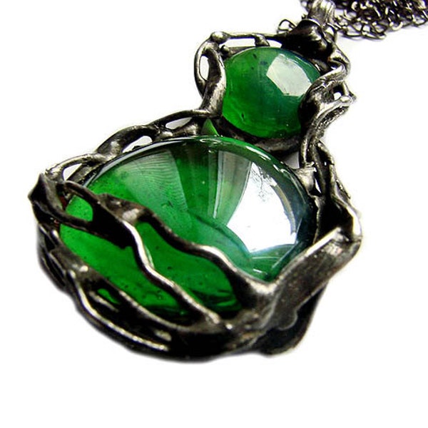 Unique green transparent fused glass luminous metal pendant glass ball unique retro gift for her created by GepArtJewellery.FREE SHIPPING!