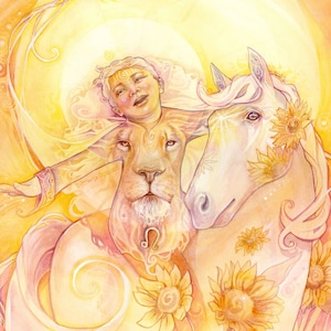 O Tarô do Sol / Leão Criança Dourada / Oráculo da Árvore da Vida Arte Espiritual Impressão