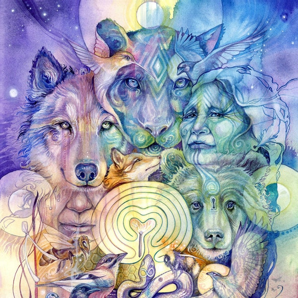 Shamanic Spirit Animals Art Print / Path of the Heart / Spiritual Wall Décor
