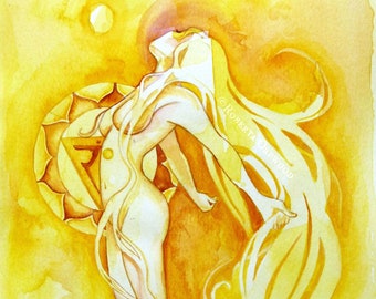 Solar Plexus Chakra / Original Watercolour Painting / Healing Wall Art / Yellow Goddess Art