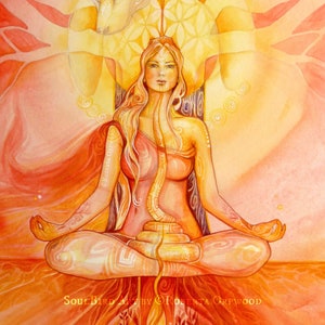 Könnte beinhalten: Ein Aquarellbild einer Frau, die im Lotussitz meditiert. Sie ist von goldenem Licht und einem Lebensblume-Symbol umgeben. Das Bild trägt den Titel "Soul Bird Art by Roberta Orpwood".