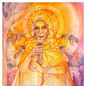 May include: A watercolour painting of a woman with long blonde hair and a third eye. She is holding a honeycomb and surrounded by bees. The background is a yellow and orange colour with a honeycomb pattern. The text "SoulBird Art by Roberta Orpwood" is in the bottom right corner.