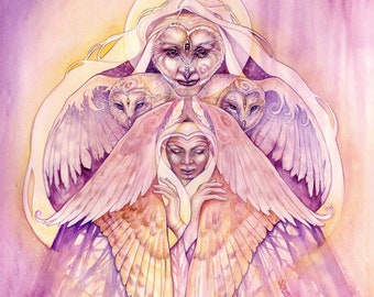 Wise Owl Woman Shamanic Medicine Art Print / Wings of Protection