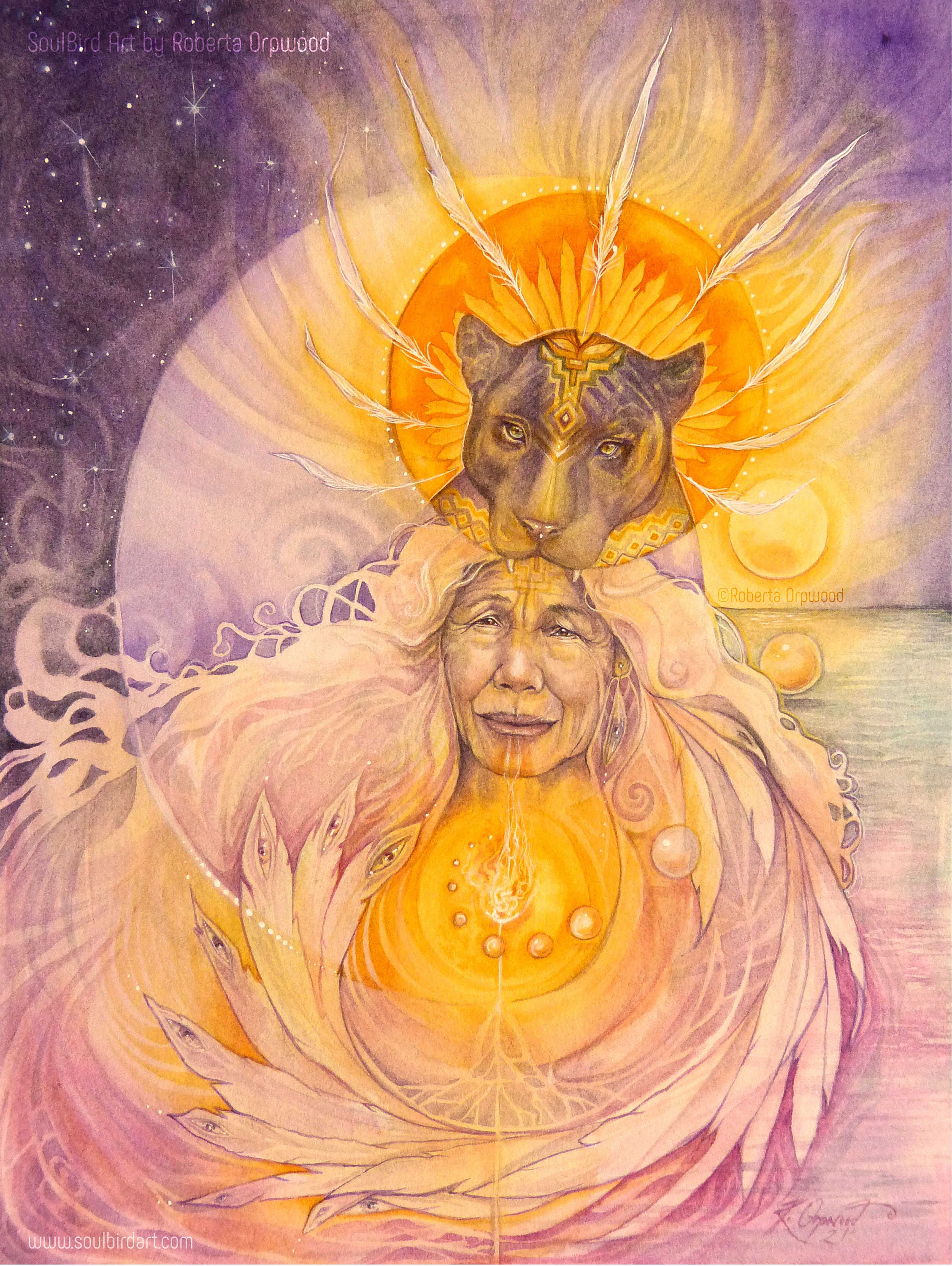 hagemaru作 女性の肖像 prayer for peace Grandmother Jaguar Spirit Animal Shamanic Medicine Art Print