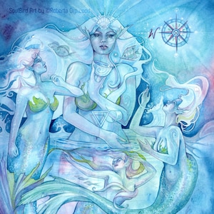 Arte delle sirene d'acqua Ondine / Elementali dell'acqua / Stampa artistica spirituale dell'oracolo dell'albero della vita