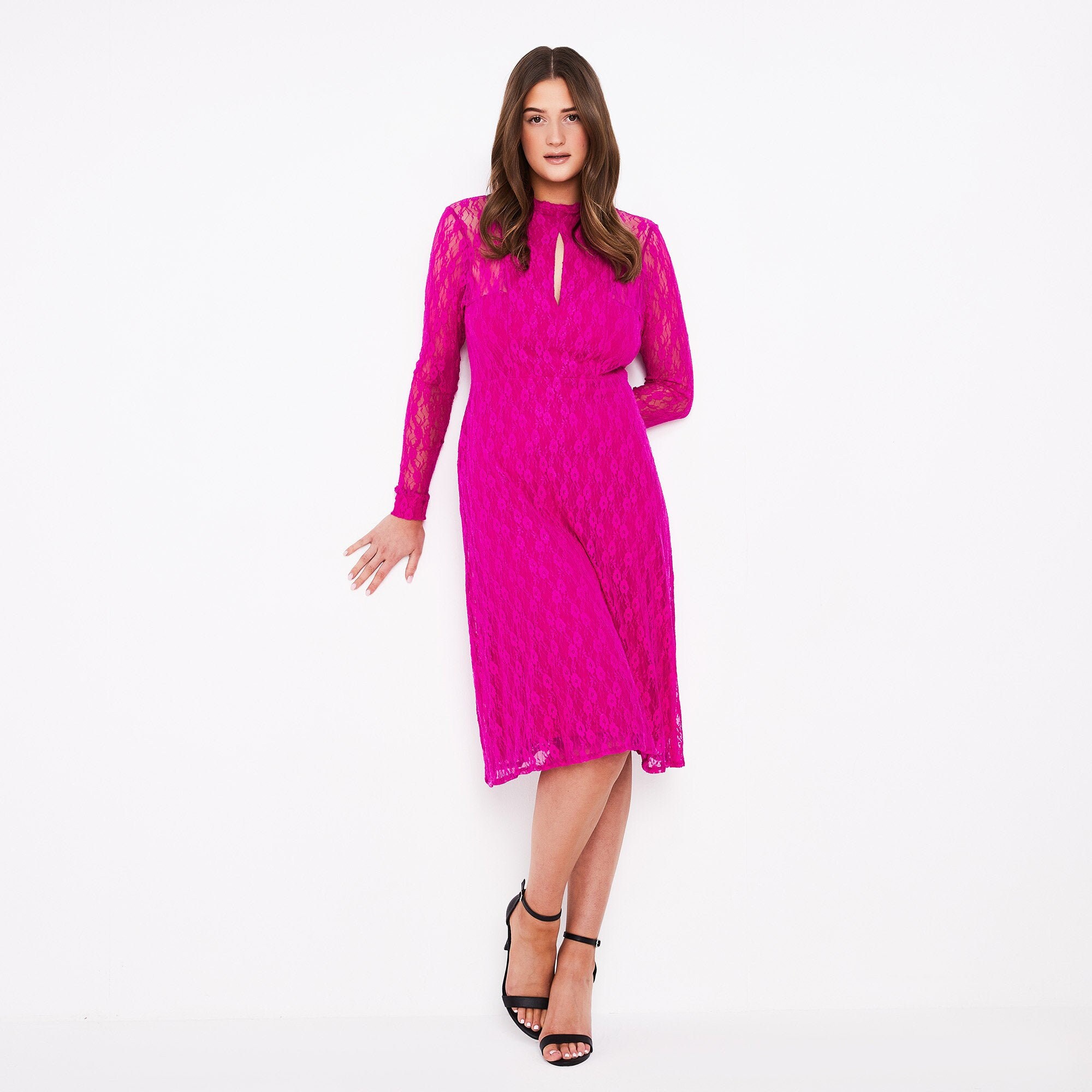 Lace Midi Dress Amelie in Bright Pink 