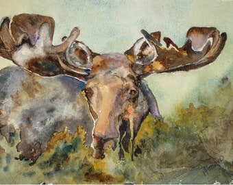 Moose Watercolor Painting Art Print, mancave wall room decor