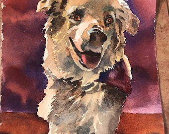 Original Watercolor Painting Australian Shepherd art gift