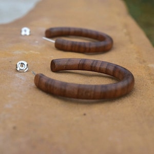 Walnut Hoop Earrings Silver Post Installed / Tribal earrings with Silver Posts /Reclaimed Wood Earrings / Wooden hoop Earrings /Gift for Her