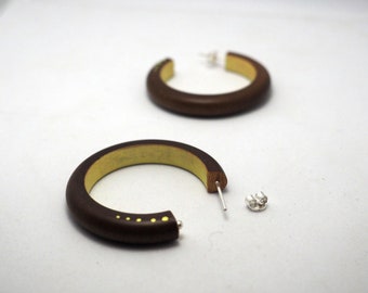 Wooden Hoop Errings with Silver Posts/ Brown and Blue Hoops/ Brown and Yellow Wooden hoops