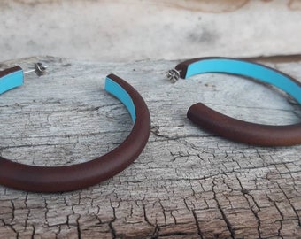 Large Wooden Hoop Errings with Silver Posts/ Brown and Blue Hoops/ Brown and Blue Wooden hoops