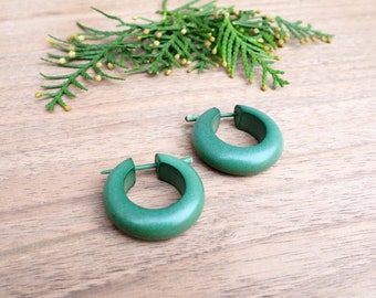 Petites créoles en bois vert / Boucles d'oreilles bois et argent / Créoles en bois tribaux / Créoles en bois minimalistes