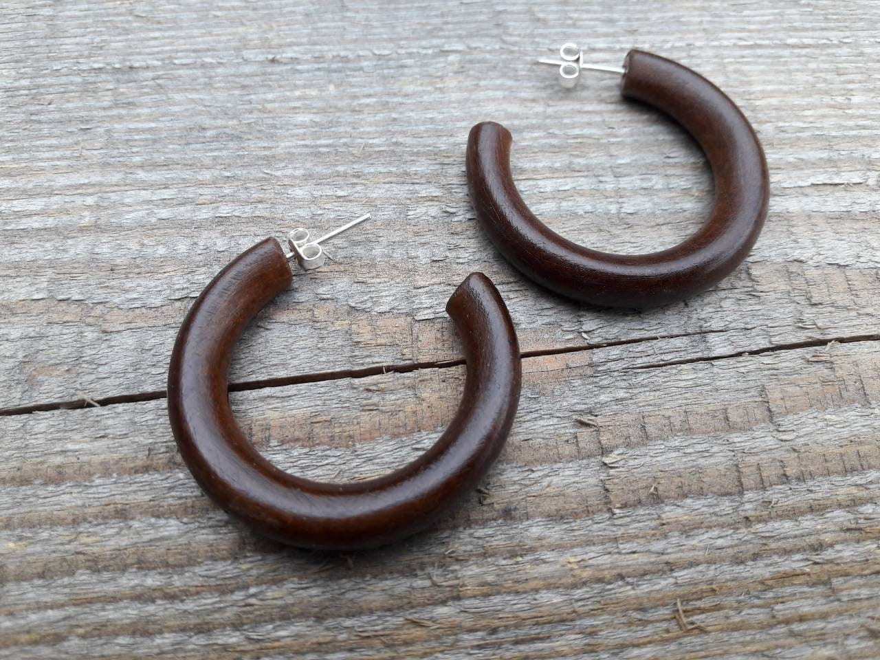 Hoop Earrings Silver Post Installed, Tribal earrings with Silver Posts, Reclaimed Wood Earrings, Wooden hoop earrings,Gift gor Her