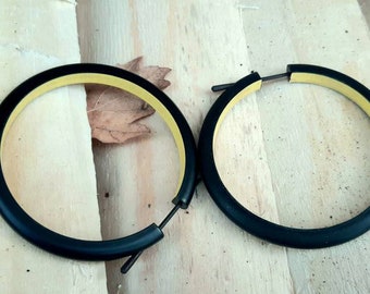 Large Wooden Hoop Earrings with Wooden Posts/ Black and Yellow Hoops/ Black and Yellow Wooden hoops/ 65 mm wooden hoops