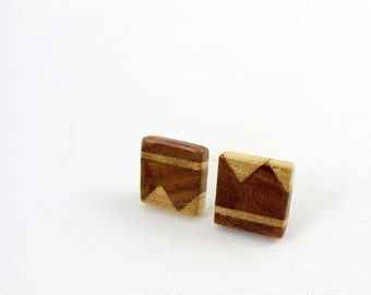 Wooden Stud Earrings Mountain and River /Wood and Silver Earrings / Square Stud Earrings / Minimalistic Wooden Earrings
