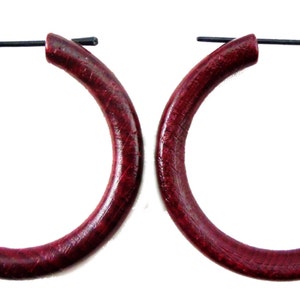 Red Wooden Post Earrings / Tribal earrings, Reclaimed Wood Earrings, Wooden hoop earrings