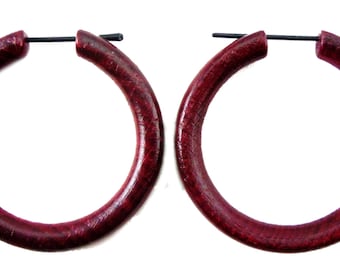 Red Wooden Post Earrings / Tribal earrings, Reclaimed Wood Earrings, Wooden hoop earrings