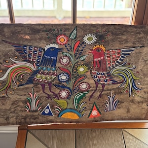 Large Vintage Mexican folk art painting on bark paper colorful hand made painted birds