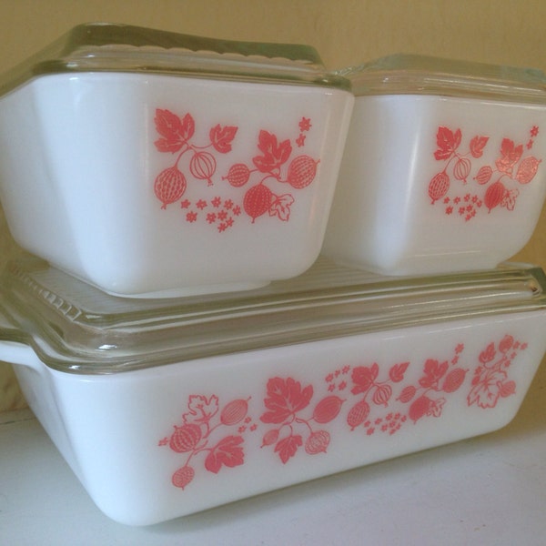 Vintage Mid Century Modern Pink Gooseberry Pyrex Complete Fridge Set - Excellent Shape