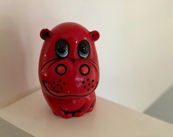 Vintage Mid Century Modern Red Hippo plaster Piggy Bank Figurine Smiling Hippopotamus