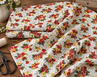 1950s Cotton Fabric: Red Yellow Flowers, Green Leaves (Vintage Mid-Century)