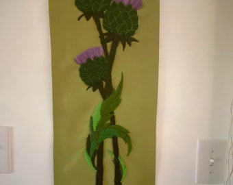 Vintage Mid Century Modern Large and Long Finished Crewel Thistles Embroidery Handmade Embroidered Wall Fiber Art Decor Paragon Needlecraft