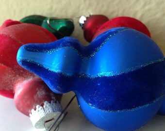 Set of Four Blue Red and Green Glass and Velvet Christmas Tree Ornaments