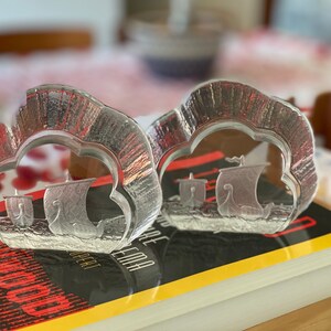 Vintage Nybro Sweden Crystal Art Glass Viking Ships Sculptures Paperweights or Bookends
