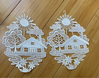 Pair of Vintage Macramé Crochet Lace Window or Wall Hangings Eastern European Home Sweet Home Decor