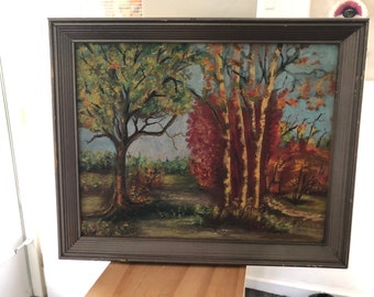 Framed Oil Painting Colorful Fall Landscape by Margaret Brumley 1959 Original Mid Century Modern Art Home Decor