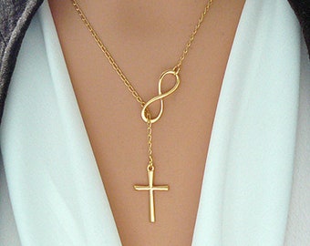 GOLD Cross and Infinity Necklace - Gold Vermeil Infinity Cross Lariat - Faith Forever / Cross Infinity