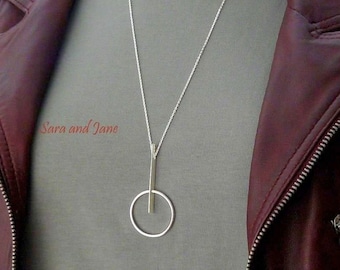 Long Necklace - Ring - bar Geometric Necklace -  Lange geometrische Halskette, Circle, ring necklace, modern, long collier géométrique