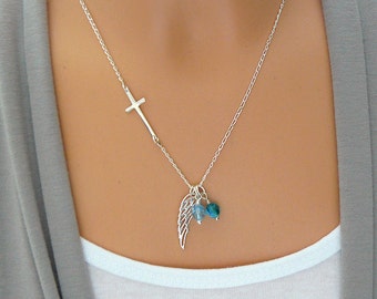 Personalized Angel Wing Necklace - Sideways Cross - Memorial Necklace - Remembrance Necklace Remembrance Jewelry - Sterling Silver - Crystal